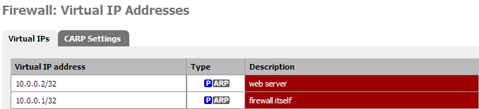 Proxy ARP defined in Virtual IP tab